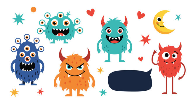 Group of friendly cartoon monsters with multiple eyes and horns surrounded by a moon, stars, and colorful hearts for children.