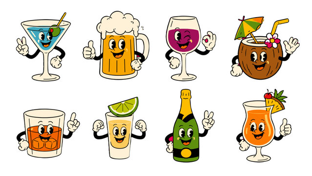 Cartoon alcoholic and tropical drinks set in vector style