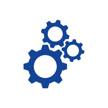 Blue gear icon set with three interlocking cogs isolated on transparent background