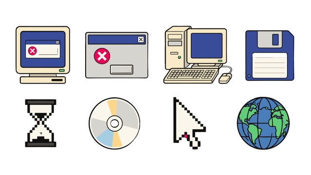 Set of retro computer icons with error window and globe