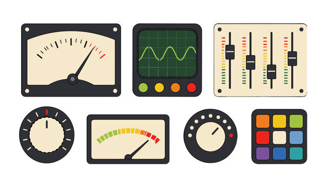 Vector set of retro audio control panels and meter interfaces
