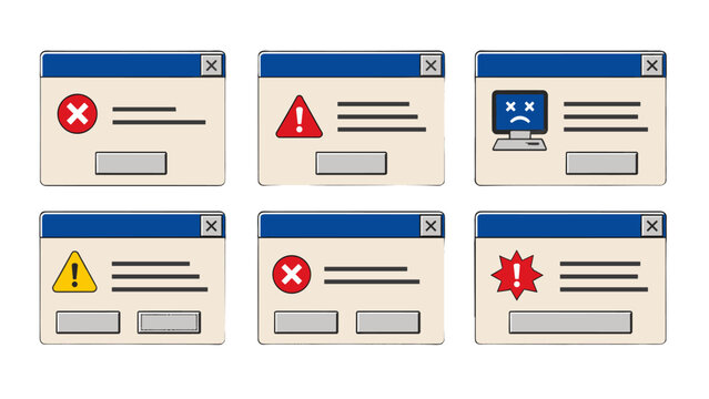 Set of computer error and warning dialog window illustrations
