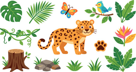Cute Cartoon Leopard Vector Character Set with Tropical Jungle Leaves, Bird, Butterfly, Paw Print, Tree Stump, and Exotic Wildlife Elements for Children Designs © MdTobarak