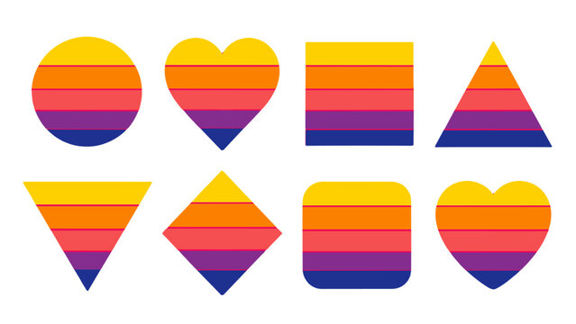 Colorful striped geometric shapes and hearts vector set