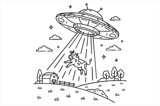 Line art illustration of a ufo spaceship abducting a cow from a farm field with spaceship abduction livestock
