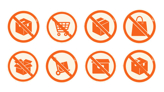 Set of orange prohibition icons with shopping and package symbols
