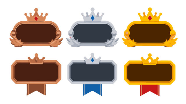 Set of ornate crown and ribbon label frames in metallic colors
