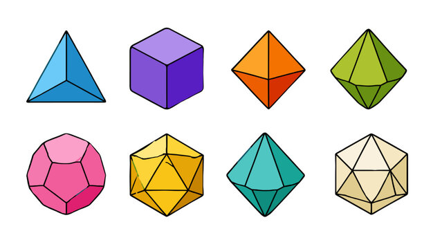 Colorful geometric polyhedrons set in hand drawn vector style