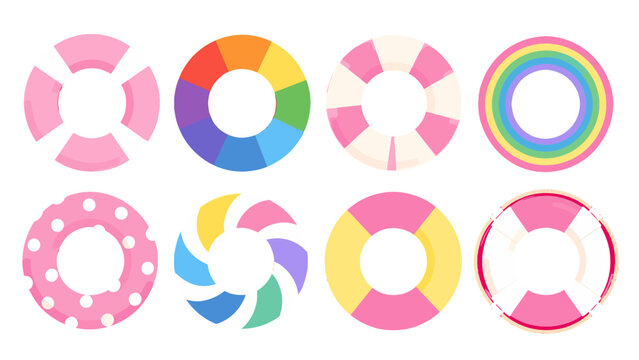 Set of colorful inflatable swim rings on white background