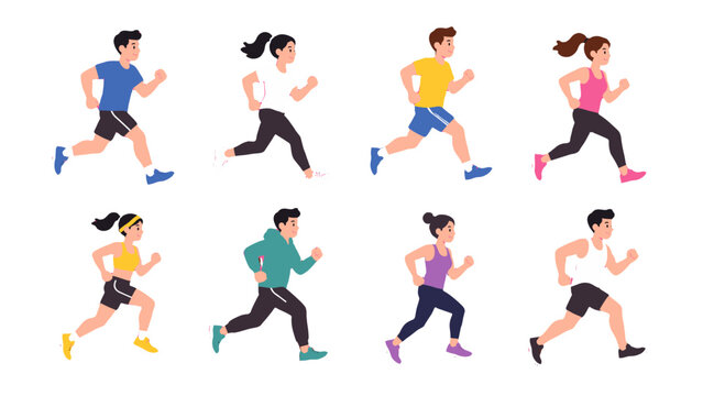 Set of running men and women in flat cartoon vector style