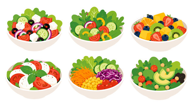 Set of colorful salad bowls and fruit bowl in flat vector style