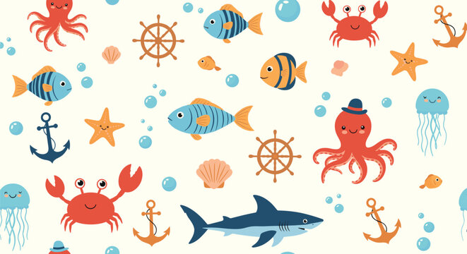 Seamless pattern of underwater life featuring cute fish, octopuses, crabs, sharks, and nautical elements like anchors and wheels.