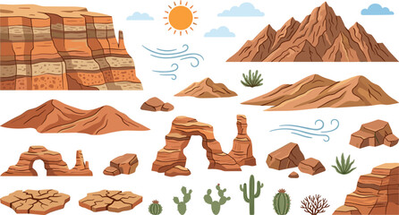 Desert Landscape Nature Vector Element Set with Rocky Canyons, Sand Dunes, Mountains, Stone Arches, Saguaro Cactus, and Cracked Earth Formations © MdTobarak