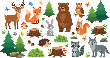 Obraz premium Cute Cartoon Woodland Forest Animals Vector Character Set with Bear, Fox, Deer, Wolf, Squirrel, Owl, and Pine Trees for Children Wildlife Designs