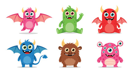 Naklejka premium Group of various cute and colorful cartoon monsters with unique features like wings, horns, and multiple eyes are presented.