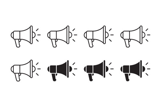 Collection of eight megaphone in outline and solid black variations presented in two rows on a white background signifying alerts and broadcasts