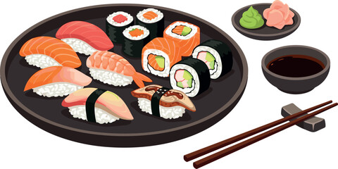 Japanese Sushi Platter Vector Element Set with Salmon Nigiri, Tuna, Shrimp, Maki Rolls, Soy Sauce, Chopsticks, Wasabi, and Ginger for Restaurant Culinary Designs © MdTobarak