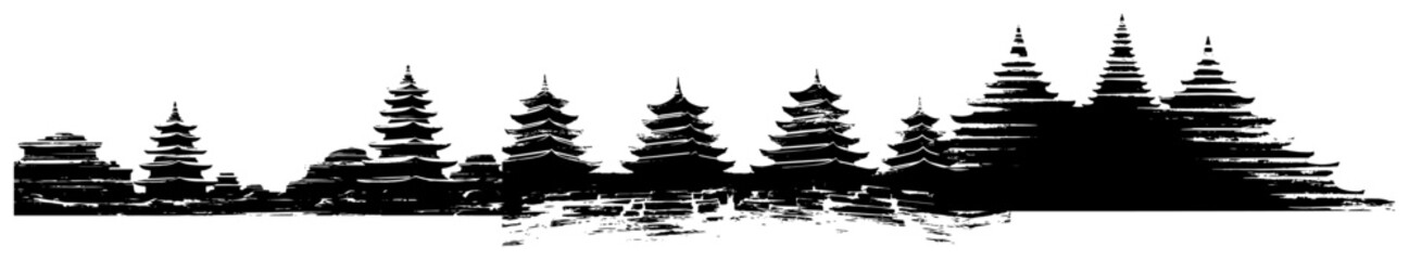 Fototapeta premium Pagoda temple silhouettes and traditional Asian architecture in minimalist landscape style