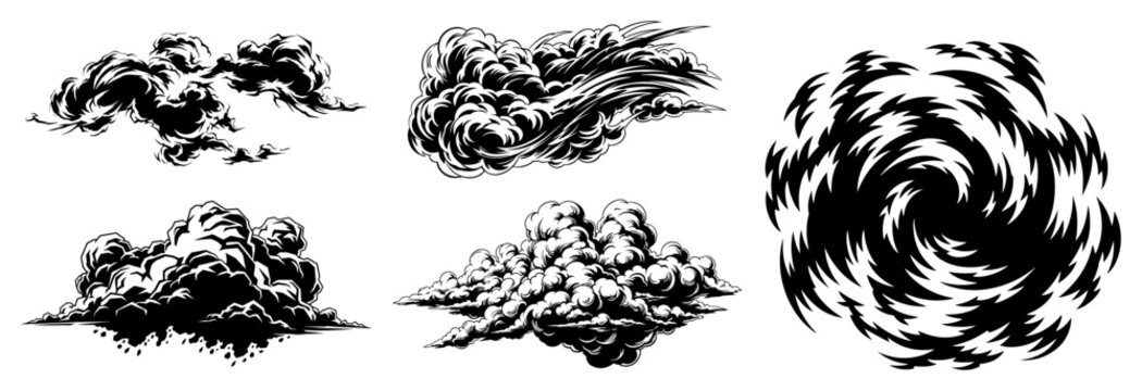 Storm clouds and swirling wind vortex in a dramatic engraving style