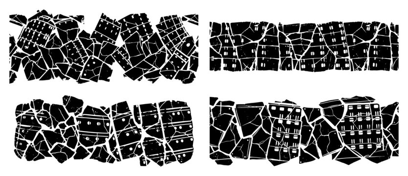 Broken ceramic fragments and shattered architectural shards in a distressed mosaic style