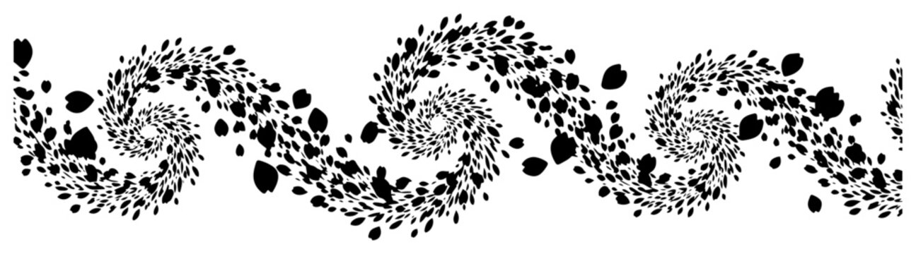Swirling cherry blossom petals falling in artistic wind spiral pattern