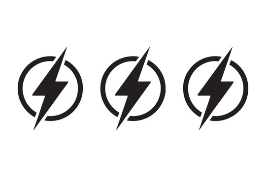 Three Black Lightning Bolt Symbols Inside Circles on White Background thunderbolt electricity energy