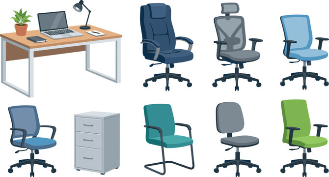 Office Chair and Desk Furniture Vector Set with Ergonomic Mesh Chairs, Executive Seating, Computer Laptop Table, and Filing Cabinet for Workplace Designs