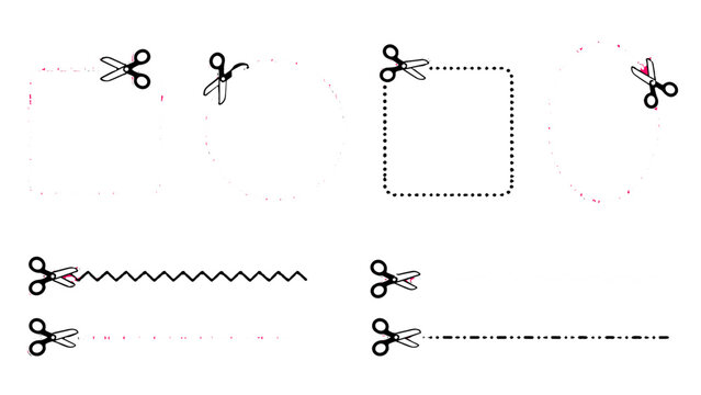 Set of dashed cut lines with scissors in various shapes