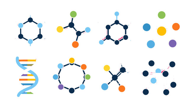 Colorful science icons set with molecules DNA and chemical diagrams