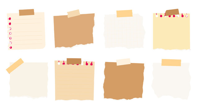 Set of torn paper note scraps with adhesive tape isolated