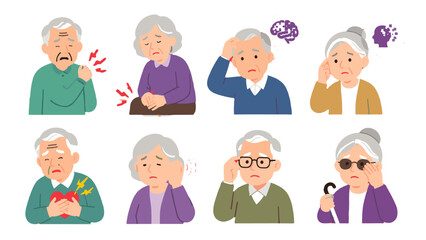 Fototapeta premium Senior people with pain, memory and vision problem icons