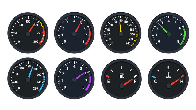 Set of automobile dashboard gauge dials and indicator meters