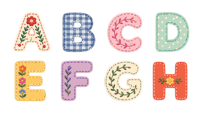 Decorative fabric alphabet letters A to H in patchwork style