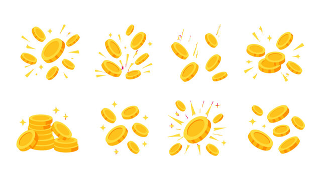 Set of golden coin burst and stack vector icons