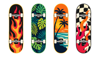 Set of four skateboard decks with colorful graphic designs © icon_art