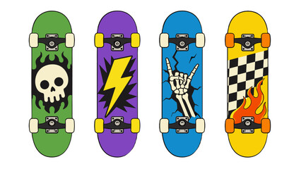 Set of four colorful skateboard deck designs with bold graphics © icon_art