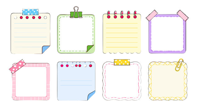 Set of colorful hand drawn sticky notes and memo paper frames