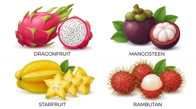 Set of tropical fruits dragonfruit mangosteen starfruit and rambutan.