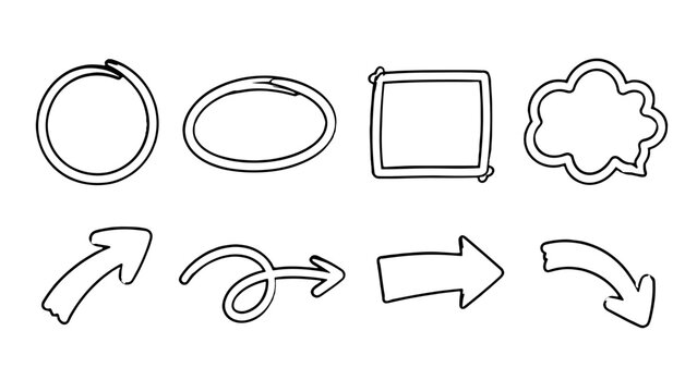 Hand drawn doodle arrows and frames outline set