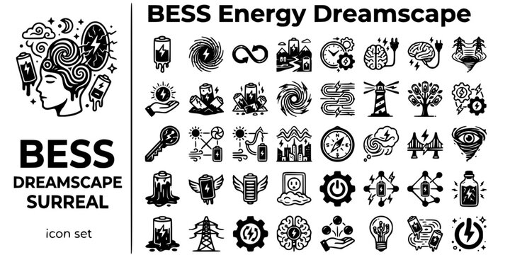 BESS Dreamscape Surreal Black White-Melting Cell Floating Cycle Power Portal-Surreal Energy Vector-Dream Icon Surreal-Battery Storage Design Set