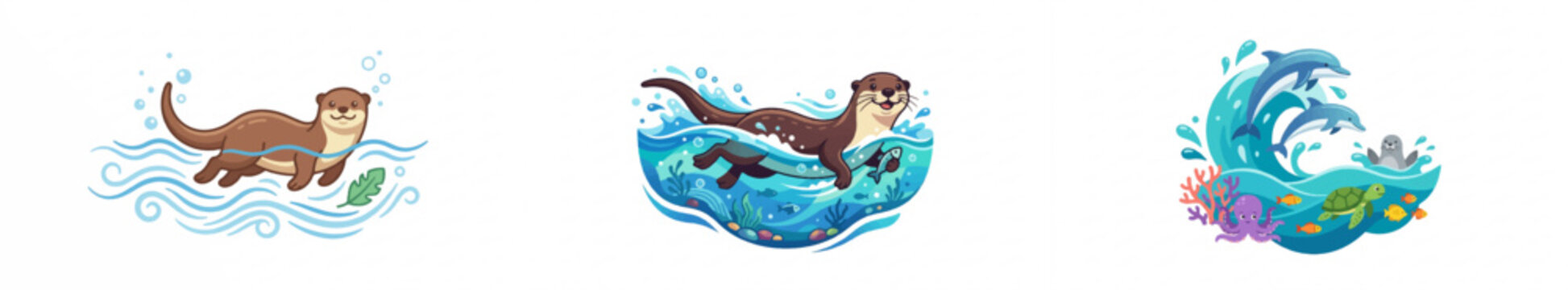 Cartoon otter and dolphin swimming in vibrant underwater scenes
