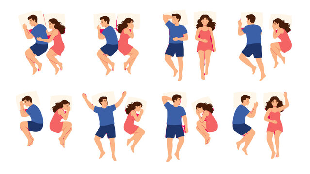 Sleeping couple and single sleepers in different bed poses