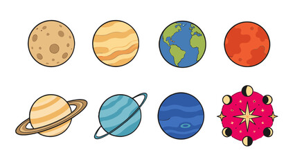 Cartoon planet icon set with Earth, rings, and moon phases © icon_art