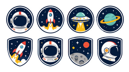 Set of space badges with astronaut helmet rocket UFO and planet © icon_art