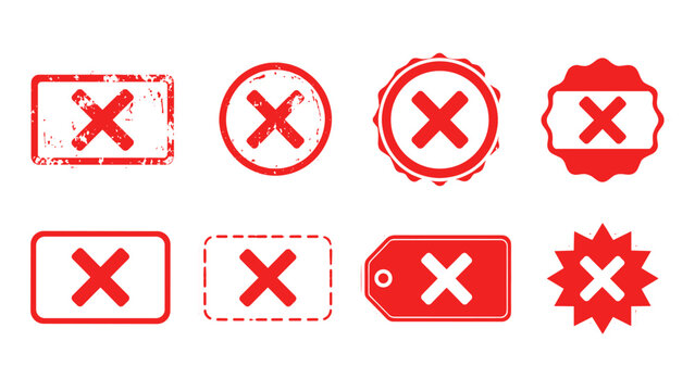 Set of red cross mark labels and stamp badges on white