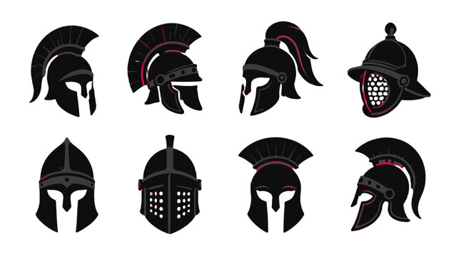 Set of ancient warrior helmet silhouettes in black vector style