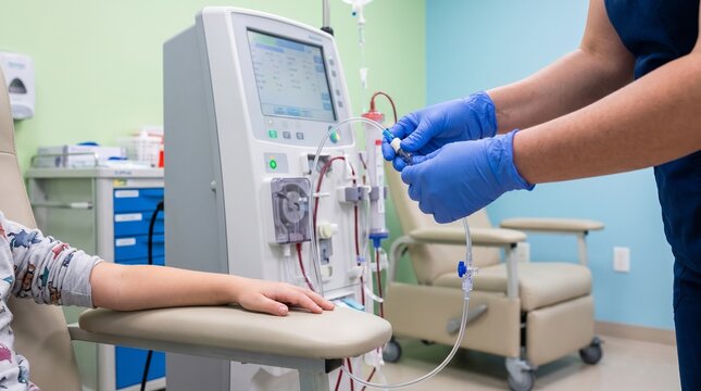Patient Undergoing Hemodialysis While Nurse Prepares Vascular Access in Nephrology Clinic