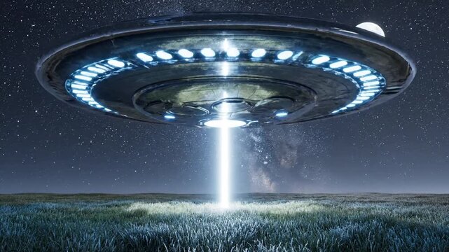 Mysterious flying saucer hovering over open field under starry night sky