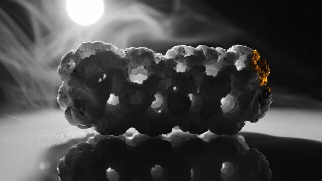 Abstract macro shot of a porous, coral-like object with a reflective surface and smoky atmosphere, highlighting a golden edge