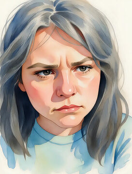 Illustration &agrave; l'aquarelle du portrait d'une jeune femme aux cheveux gris